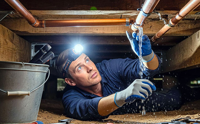 Plumber Fixing Pipe Leak Under House
